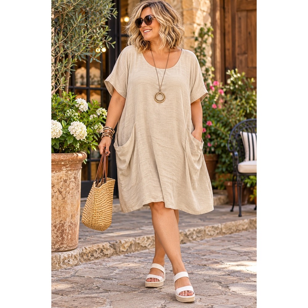 52seven 3X Linen Blend Lagenlook Shift Dress Natural Oversized Pockets Boho